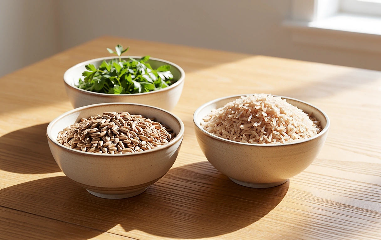 Meja makan dengan pelbagai sayuran segar dan buah-buahan tempatan di bawah cahaya matahari pagi